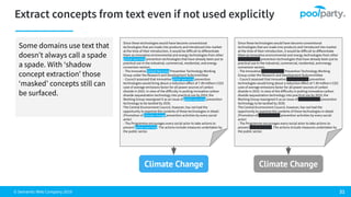 © Semantic Web Company 2019
Some domains use text that
doesn’t always call a spade
a spade. With ‘shadow
concept extraction’ those
‘masked’ concepts still can
be surfaced.
Since these technologies would have become conventional
technologies that are made into products and introduced into market
at the time of their introduction, it would be diﬀicult to diﬀerentiate
them as innovative environmental and energy technologies from other
global warming prevention technologies that have already been put to
practical use in the industrial, commercial, residential, and energy
conversion sectors.
- The Innovative Global Warming Prevention Technology Working
Group under the Research and Development Subcommittee
- Council assessed that innovative global warming prevention
technologies would bring about a reduction eﬀect of 7.49 million t-CO2
case of average emissions factor for all power sources of carbon
dioxide in 2010. In view of the diﬀiculty in putting innovative carbon
dioxide sequestration technology into practical use by 2010, the
Working Group reassigned it as an issue of global warming prevention
technology to be tackled by 2030.
The Central Environment Council, however, has not had the
opportunity to examine the contents of these technologies in detail.
(Promotion of climate change prevention activities by every social
actor)
- The Programme encourages every social actor to take actions to
prevent global warming. The actions include measures undertaken by
the public sector.
Climate Change
Since these technologies would have become conventional
technologies that are made into products and introduced into market
at the time of their introduction, it would be diﬀicult to diﬀerentiate
them as innovative environmental and energy technologies from other
global warming prevention technologies that have already been put to
practical use in the industrial, commercial, residential, and energy
conversion sectors.
- The Innovative Global Warming Prevention Technology Working
Group under the Research and Development Subcommittee
- Council assessed that innovative global warming prevention
technologies would bring about a reduction eﬀect of 7.49 million t-CO2
case of average emissions factor for all power sources of carbon
dioxide in 2010. In view of the diﬀiculty in putting innovative carbon
dioxide sequestration technology into practical use by 2010, the
Working Group reassigned it as an issue of global warming prevention
technology to be tackled by 2030.
The Central Environment Council, however, has not had the
opportunity to examine the contents of these technologies in detail.
(Promotion of climate change prevention activities by every social
actor)
- The Programme encourages every social actor to take actions to
prevent global warming. The actions include measures undertaken by
the public sector.
Climate Change
 
