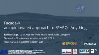 Facade-X
an opinionated approach to SPARQL Anything
Enrico Daga, Luigi Asprino, Paul Mulholland, Aldo Gangemi
Semantics Conference, Amsterdam, 6/9/2021
https://arxiv.org/pdf/2106.02361.pdf
This project has received funding from the European Union’s Horizon 2020 research and
innovation programme under grant agreement GA101004746.
The communication reflects only the author’s view and the Research Executive Agency is not
responsible for any use that may be made of the information it contains.
 