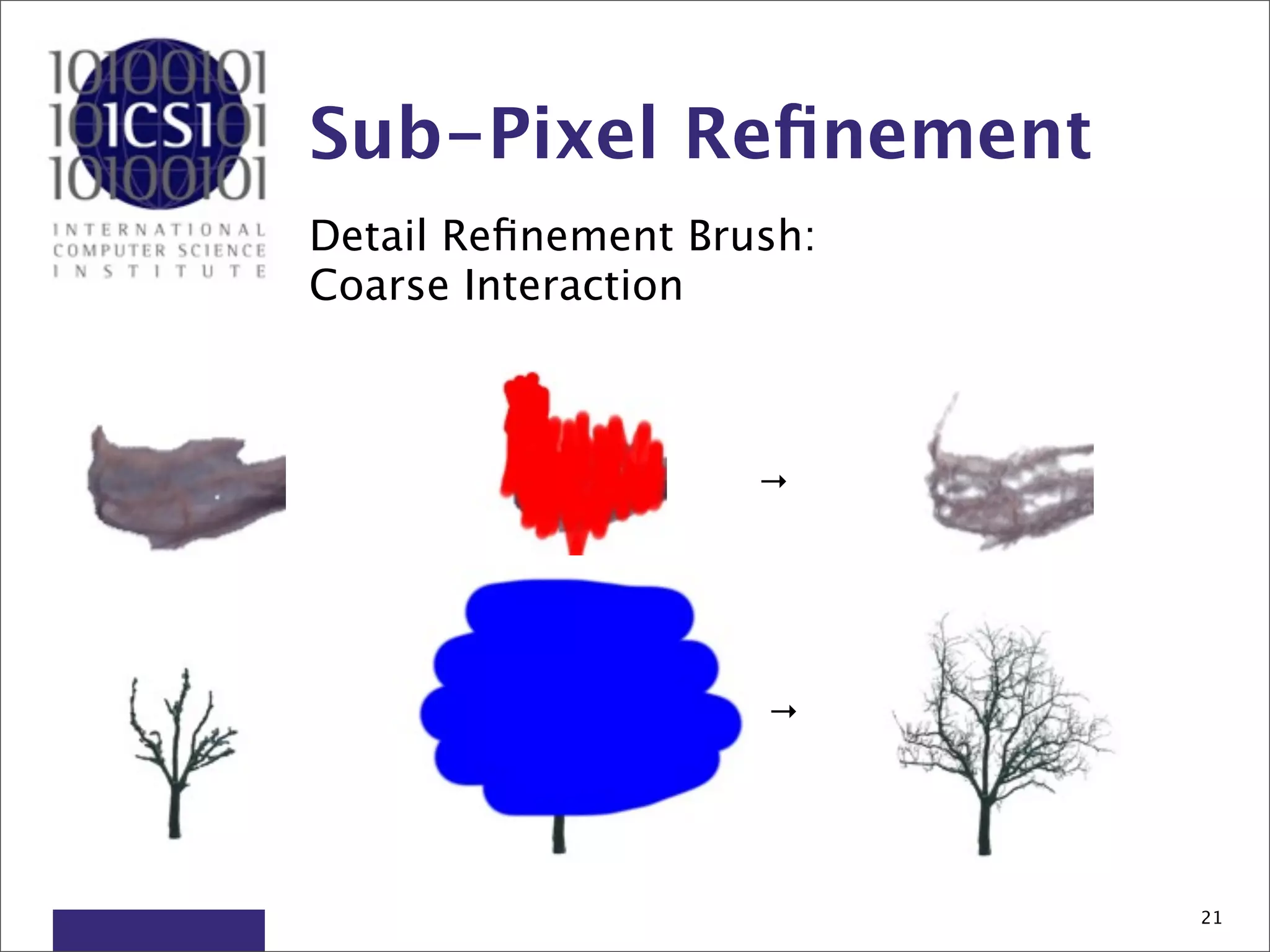 Sub-Pixel Reﬁnement
Detail Reﬁnement Brush:
Coarse Interaction



                    →




                    →




                          21
 