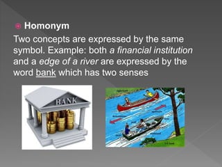  Homonym
Two concepts are expressed by the same
symbol. Example: both a financial institution
and a edge of a river are expressed by the
word bank which has two senses
 