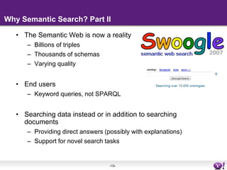 Why Semantic Search? Part IIThe Semantic Web is now a realityBillions of triplesThousands of schemasVarying qualityEnd users	Keyword queries, not SPARQLSearching data instead or in addition to searching documentsProviding direct answers (possibly with explanations)Support for novel search tasks