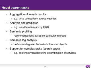 Novel search tasksAggregation of search resultse.g. price comparison across websitesAnalysis and predictione.g. world temperature by 2020Semantic profilingrecommendations based on particular interestsSemantic log analysisunderstanding user behavior in terms of objects Support for complex tasks (search apps)e.g. booking a vacation using a combination of services