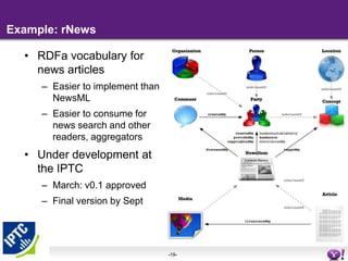 Example: rNewsRDFa vocabulary for news articlesEasier to implement than NewsMLEasier to consume for news search and other readers, aggregatorsUnder development at the IPTCMarch: v0.1 approvedFinal version by Sept