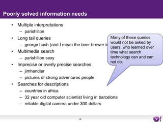 Poorly solved information needsMultiple interpretationsparishiltonLong tail queriesgeorge bush (and I mean the beer brewer in Arizona)Multimedia searchparishilton sexyImprecise or overly precise searches jimhendlerpictures of strong adventures peopleSearches for descriptionscountries in africa32 year old computer scientist living in barcelonareliable digital camera under 300 dollarsMany of these queries would not be asked by users, who learned over time what search technology can and can not do.