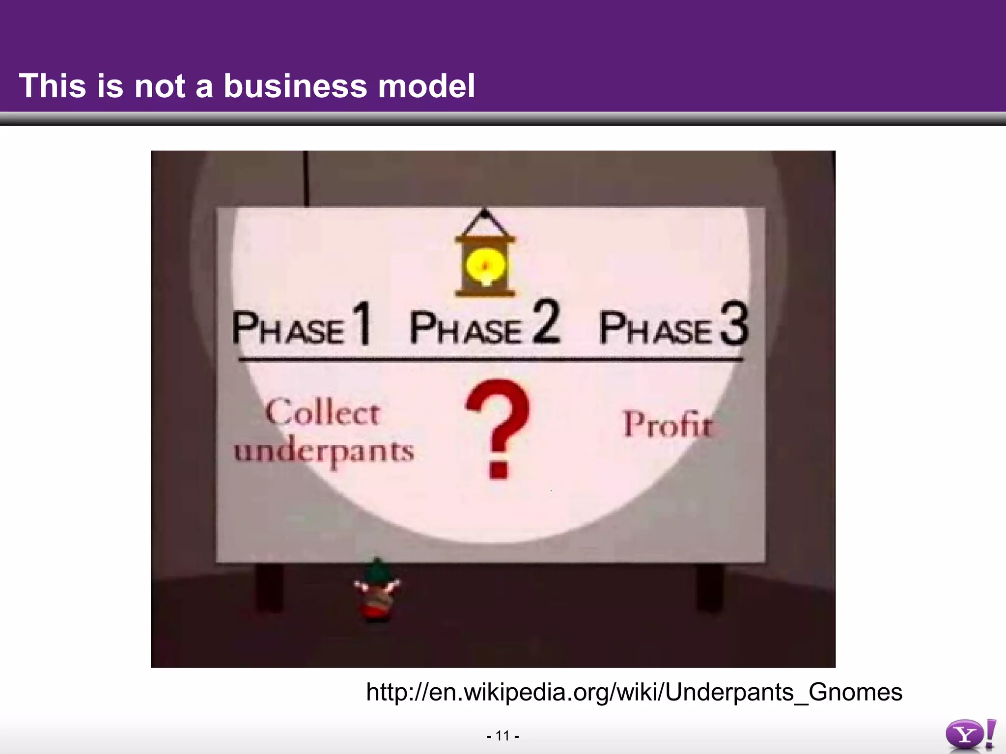 - 11 -
This is not a business model
http://en.wikipedia.org/wiki/Underpants_Gnomes
 