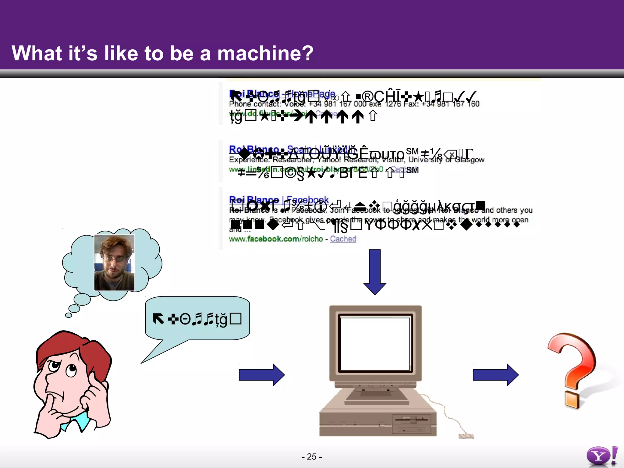 - 25 -
What it’s like to be a machine?
✜Θ♬♬ţğ
✜Θ♬♬ţğ√∞®ÇĤĪ✜★♬☐✓✓
ţğ★✜
✪✚✜ΔΤΟŨŸÏĞÊϖυτρ℠≠⅛⌫Γ
≠=⅚©§★✓♪ΒΓΕ℠
✖Γ ±♫⅜ ⏎↵⏏☐ģğğğμλκσςτ
⏎⌥°¶§ΥΦΦΦ✗✕☐
 