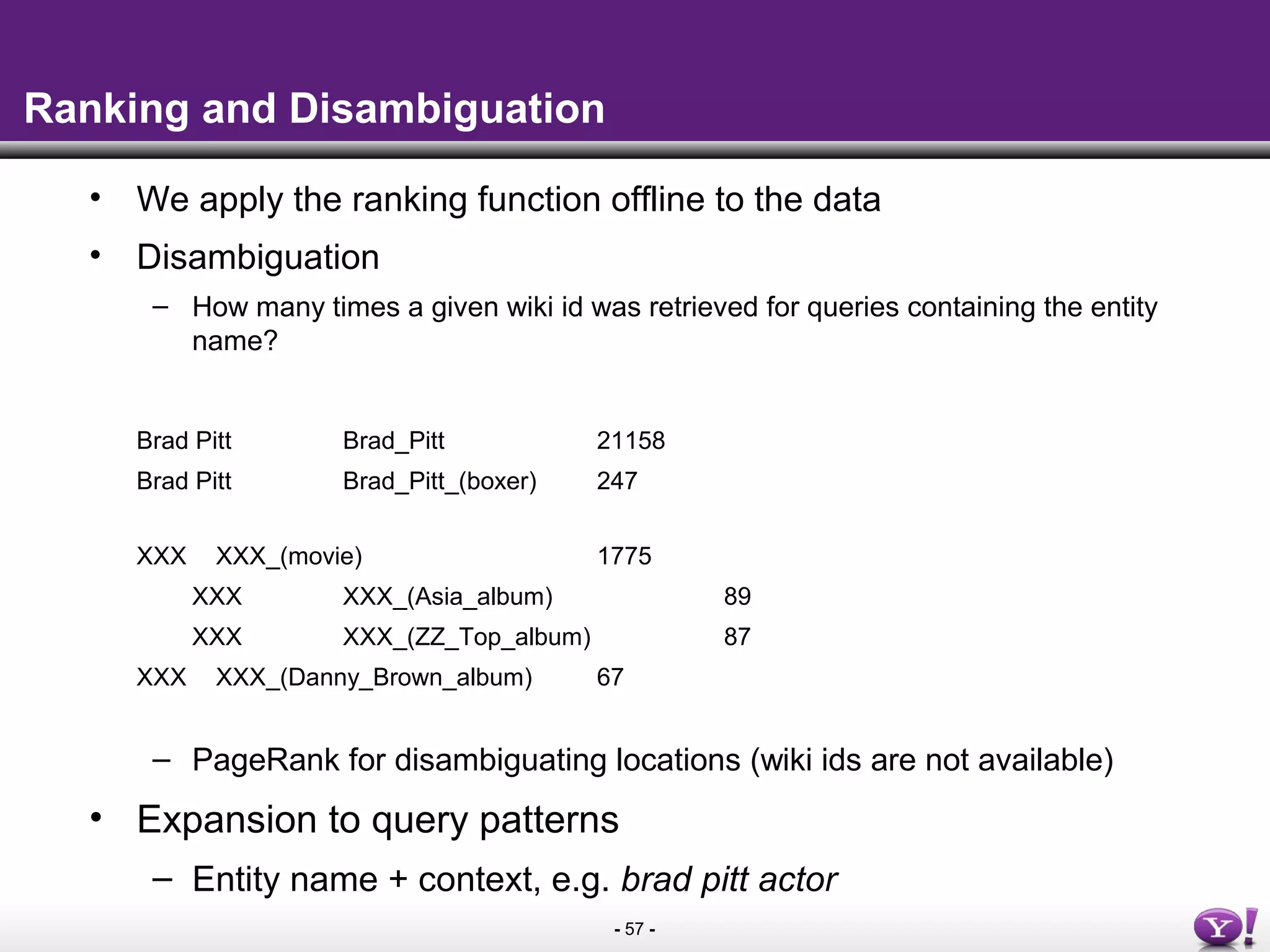- 57 -
Ranking and Disambiguation
• We apply the ranking function offline to the data
• Disambiguation
– How many times a given wiki id was retrieved for queries containing the entity
name?
Brad Pitt Brad_Pitt 21158
Brad Pitt Brad_Pitt_(boxer) 247
XXX XXX_(movie) 1775
XXX XXX_(Asia_album) 89
XXX XXX_(ZZ_Top_album) 87
XXX XXX_(Danny_Brown_album) 67
– PageRank for disambiguating locations (wiki ids are not available)
• Expansion to query patterns
– Entity name + context, e.g. brad pitt actor
 