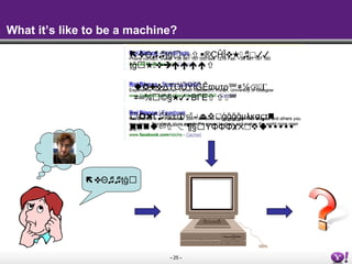 - 25 -
What it’s like to be a machine?
✜Θ♬♬ţğ
✜Θ♬♬ţğ√∞®ÇĤĪ✜★♬☐✓✓
ţğ★✜
✪✚✜ΔΤΟŨŸÏĞÊϖυτρ℠≠⅛⌫Γ
≠=⅚©§★✓♪ΒΓΕ℠
✖Γ ±♫⅜ ⏎↵⏏☐ģğğğμλκσςτ
⏎⌥°¶§ΥΦΦΦ✗✕☐
 