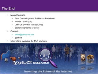 - 65 -
The End
• Many thanks to
– Barla Cambazoglu and Roi Blanco (Barcelona)
– Nicolas Torzec (US)
– Libby Lin (Product Manager, US)
– Search engineering (Taiwan)
• Contact
– pmika@yahoo-inc.com
– @pmika
• Internships available for PhD students
 