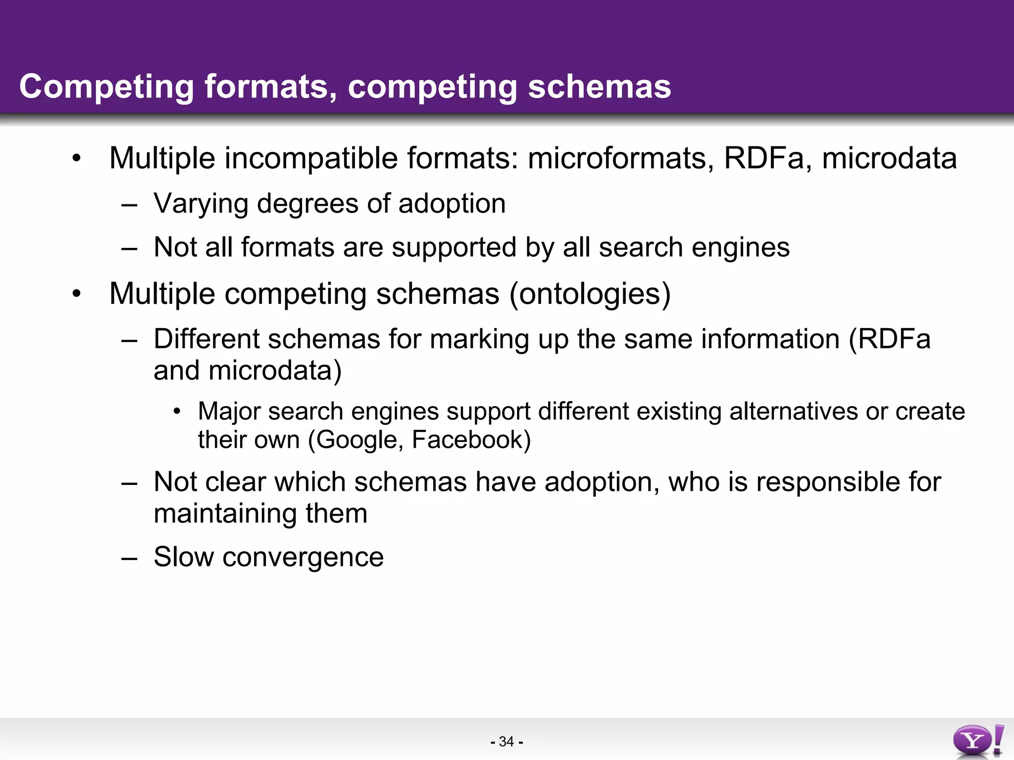 Competing formats, competing schemas Multiple incompatible formats: microformats, RDFa, microdata Varying degrees of adoption Not all formats are supported by all search engines Multiple competing schemas (ontologies) Different schemas for marking up the same information (RDFa and microdata) Major search engines support different existing alternatives or create their own (Google, Facebook) Not clear which schemas have adoption, who is responsible for maintaining them Slow convergence 