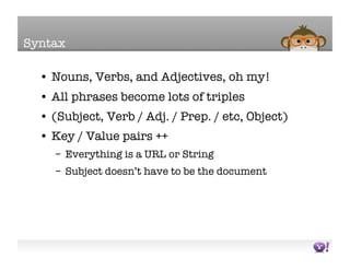 Syntax

  •  Nouns, Verbs, and Adjectives, oh my!
  •  All phrases become lots of triples
  •  (Subject, Verb / Adj. / Pre...