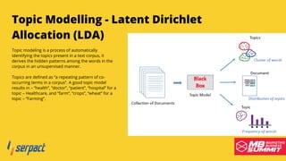 Serpact Ltd. | AffiliateCon Sofia 2019
Topic Modelling - Latent Dirichlet
Allocation (LDA)
Topic modeling is a process of automatically
identifying the topics present in a text corpus, it
derives the hidden patterns among the words in the
corpus in an unsupervised manner.
Topics are defined as “a repeating pattern of co-
occurring terms in a corpus”. A good topic model
results in – “health”, “doctor”, “patient”, “hospital” for a
topic – Healthcare, and “farm”, “crops”, “wheat” for a
topic – “Farming”.
 