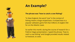 The phrase was “how to catch a cow fishing?
”In New England, the word “cow” in the context of
fishing means a large striped bass. A striped bass is a
popular saltwater game fish that millions of anglers fish
for on the Atlantic coast.
So earlier this month, during the course of research for a
PubCon Vegas presentation, I typed the phrase, “how to
catch a cow fishing” and Google provided results related
to livestock, to cows.
Serpact Ltd. | AffiliateCon Sofia 2019
An Example?
 