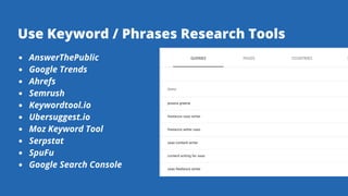 AnswerThePublic
Google Trends
Ahrefs
Semrush
Keywordtool.io
Ubersuggest.io
Moz Keyword Tool
Serpstat
SpuFu
Google Search Console
Use Keyword / Phrases Research Tools
 