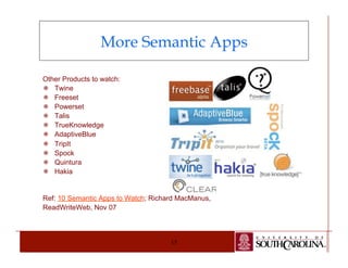 More Semantic Apps 
15 
Other Products to watch: 
¯ Twine 
¯ Freeset 
¯ Powerset 
¯ Talis 
¯ TrueKnowledge 
¯ AdaptiveBlue 
¯ TripIt 
¯ Spock 
¯ Quintura 
¯ Hakia 
Ref: 10 Semantic Apps to Watch; Richard MacManus, 
ReadWriteWeb, Nov 07 
 