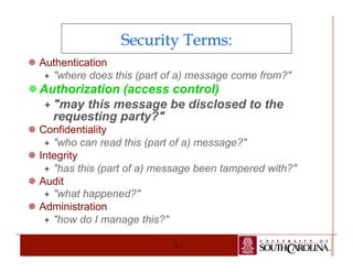 Security Terms: 
5 
¯ Authentication 
ª "where does this (part of a) message come from?" 
¯ Authorization (access control) 
ª "may this message be disclosed to the 
requesting party?" 
¯ Confidentiality 
ª "who can read this (part of a) message?" 
¯ Integrity 
ª "has this (part of a) message been tampered with?" 
¯ Audit 
ª "what happened?" 
¯ Administration 
ª "how do I manage this?" 
 