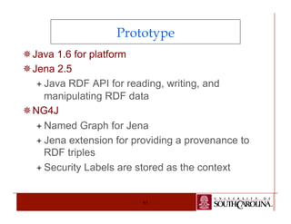 Prototype 
61 
¯ Java 1.6 for platform 
¯ Jena 2.5 
ª Java RDF API for reading, writing, and 
manipulating RDF data 
¯ NG4J 
ª Named Graph for Jena 
ª Jena extension for providing a provenance to 
RDF triples 
ª Security Labels are stored as the context 
 