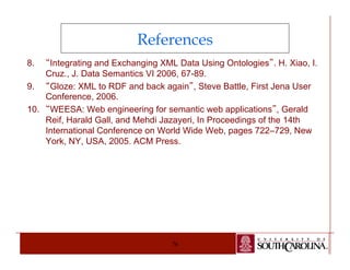 References 
8. “Integrating and Exchanging XML Data Using Ontologies”. H. Xiao, I. 
Cruz., J. Data Semantics VI 2006, 67-89. 
9. “Gloze: XML to RDF and back again”, Steve Battle, First Jena User 
76 
Conference, 2006. 
10. “WEESA: Web engineering for semantic web applications”, Gerald 
Reif, Harald Gall, and Mehdi Jazayeri, In Proceedings of the 14th 
International Conference on World Wide Web, pages 722–729, New 
York, NY, USA, 2005. ACM Press. 
 