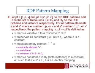 RDF Pattern Mapping 
¯ Let pt = [r, p, v] and pt′ = [r′, p′, v′] be two RDF patterns and 
R be the set of Resources. Let ST and DT be the RDF 
Schema and Instance respectively. For all pattern elements 
e and e′ where e is either r,p, or v and e′ is either r’,p’, or v’ 
respectively, the pattern mapping ν: pt → pt′ is defined as: 
ª ν maps a variable e to a resource e′ Є R. 
ª ν preserves all constants (i.e., (c) = c), where c is a 
constant 
ª ν maps an empty element “-” to 
81 
² an empty element “-”. 
² a variable e′ 
² a constant e′ in ST U DT 
ª ν maps a constant e in DT (data instance) to a constant 
e’ such that e = e′, i.e., it is an identity mapping 
 