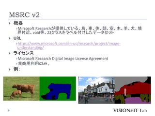 MSRC v2
 概要
Mircosoft Researchが提供している、鳥、車、体、顔、空、木、羊、犬、境
界付近、void等、23クラスをラベル付けしたデータセット
 URL
https://www.microsoft.com/en-us/research/project/image-
understanding/
 ライセンス
Microsoft Research Digital Image License Agreement
非商用利用のみ。
 例：
 