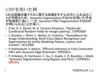 CRFを用いた例
CRFは認識対象クラスに関する知識をモデルの中に入れ込むこ
とが可能なため、 Semantic SegmentationではCRFを用いた手法
が性能的に良い。一方、SemanticでないSegmentationではMRF
が用いられることが多い。
 X.He, R. S. Zemel, M. A. Carreira-Perpinan, “Multiscale
Conditional Random Fields for Image Labeling”, CVPR2004
 J. Shotton, J. Winn, C. Rother, A. Criminisi, “TextonBoost for
Image Understanding: Multi-Class Object Recognition and
Segmentation by Jointly Modeling Texture, Layout, and
Context”, IJCV2009
 P. Krahenbuhl, V. Koltun, “Efficient Inference in Fully Connected
CRFs with Gaussian Edge Potentials”, NIPS2011
 P. Arbelaez, B. Hariharan, C. Gu, S. Gupta, L. D. Bourdev, J. Malik,
“Semantic Segmentation using Regions and Parts”, CVPR2012
(非CRF)
 