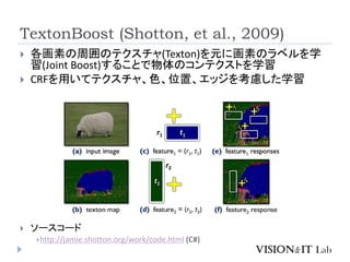 TextonBoost (Shotton, et al., 2009)
 ソースコード
http://jamie.shotton.org/work/code.html (C#)
 各画素の周囲のテクスチャ(Texton)を元に画素のラベルを学
習(Joint Boost)することで物体のコンテクストを学習
 CRFを用いてテクスチャ、色、位置、エッジを考慮した学習
 
