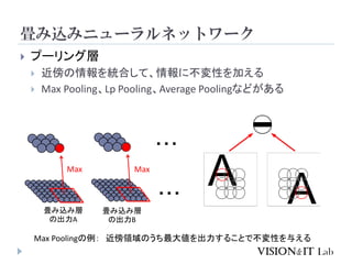畳み込みニューラルネットワーク
 プーリング層
 近傍の情報を統合して、情報に不変性を加える
 Max Pooling、Lp Pooling、Average Poolingなどがある
Max Poolingの例： 近傍領域のうち最大値を出力することで不変性を与える
畳み込み層
の出力A
・・・
・・・
Max Max
畳み込み層
の出力B
 