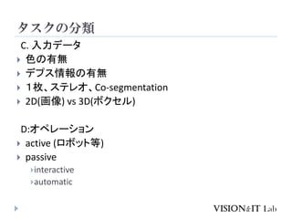 タスクの分類
C. 入力データ
 色の有無
 デプス情報の有無
 １枚、ステレオ、Co-segmentation
 2D(画像) vs 3D(ボクセル)
D:オペレーション
 active (ロボット等)
 passive
interactive
automatic
 