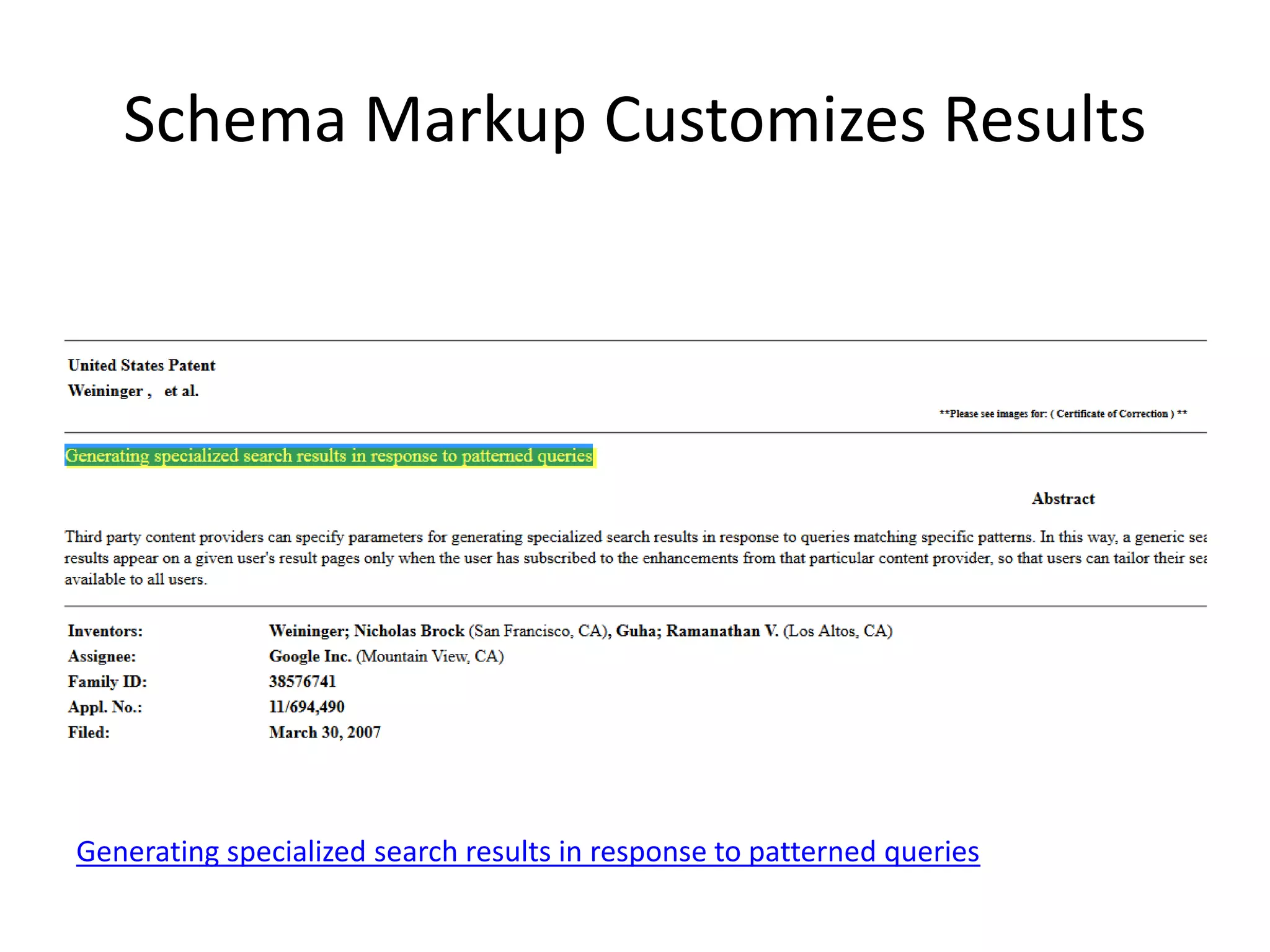 Schema Markup Customizes Results
Generating specialized search results in response to patterned queries
 
