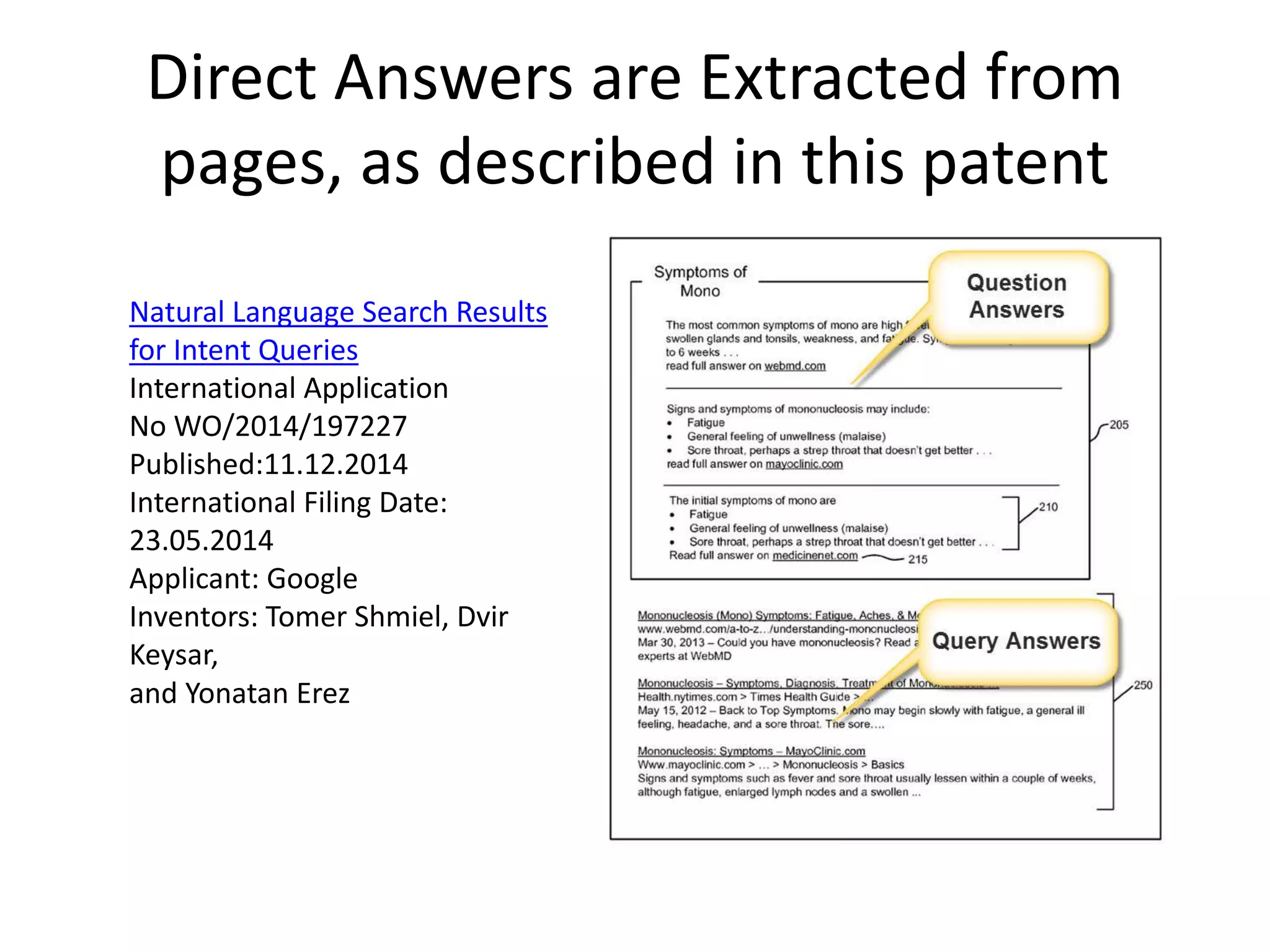 Direct Answers are Extracted from
pages, as described in this patent
Natural Language Search Results
for Intent Queries
International Application
No WO/2014/197227
Published:11.12.2014
International Filing Date:
23.05.2014
Applicant: Google
Inventors: Tomer Shmiel, Dvir
Keysar,
and Yonatan Erez
 