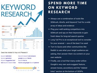 S P E N D M O R E T I M E
O N K E Y W O R D
R E S E A R C H
Always use a combination of tools like
SEMrush, Ahrefs, and Keyword Tool for a wide
array of ideas and evidence
Plug your well-ranking competitors into
SEMrush and spy on their keywords to gain
fresh ideas for long-tail search queries
Long Tail Pro is an exceptional tool to consider
for your arsenal — one of the best I’ve used
Turn to Quora and other communities like
Reddit to see what your target audience are
asking, then answer them via content on your
own website
Finally, use a tool that many under-utilize:
Google’s very own auto-suggest feature,
answer boxes, accordions and the “related
links” section at the bottom of SERPs
 