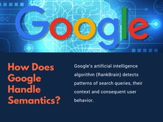 How Does
Google
Handle
Semantics?
Google’s artificial intelligence
algorithm (RankBrain) detects
patterns of search queries, their
context and consequent user
behavior.
A U R E N H I L L S L I D E 0 4
 