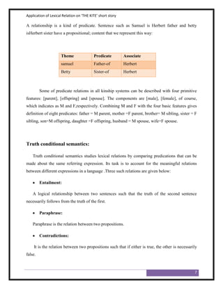 Application of Lexical Relation on ‘THE KITE’ short story

A relationship is a kind of predicate. Sentence such as Samuel is Herbert father and betty
isHerbert sister have a propositional; content that we represent this way:




                      Theme               Predicate         Associate
                      samuel              Father-of         Herbert
                      Betty               Sister-of         Herbert



         Some of predicate relations in all kinship systems can be described with four primitive
features: [parent], [offspring] and [spouse]. The components are [male], [female], of course,
which indicates as M and F,respectively. Combining M and F with the four basic features gives
definition of eight predicates: father = M parent, mother =F parent, brother= M sibling, sister = F
sibling, son=M offspring, daughter =F offspring, husband = M spouse, wife=F spouse.




Truth conditional semantics:

    Truth conditional semantics studies lexical relations by comparing predications that can be
made about the same referring expression. Its task is to account for the meaningful relations
between different expressions in a language .Three such relations are given below:

         Entailment:

    A logical relationship between two sentences such that the truth of the second sentence
necessarily follows from the truth of the first.

         Paraphrase:

    Paraphrase is the relation between two propositions.

         Contradictions:

    It is the relation between two propositions such that if either is true, the other is necessarily
false.



                                                                                                   7
 