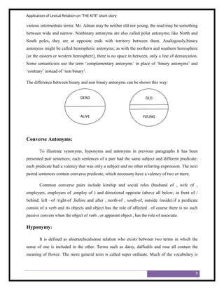 Application of Lexical Relation on ‘THE KITE’ short story

various intermediate terms: Mr. Adnan may be neither old nor young, the road may be something
between wide and narrow. Nonbinary antonyms are also called polar antonyms; like North and
South poles, they are at opposite ends with territory between them. Analogously,binary
antonyms might be called hemispheric antonyms; as with the northern and southern hemisphere
[or the eastern or western hemisphere], there is no space in between, only a line of demarcation.
Some semanticists use the term „complementary antonyms‟ in place of „binary antonyms‟ and
„contrary‟ instead of „non binary‟.

The difference between binary and non binary antonyms can be shown this way:


                                  DEAD                               OLD



                                  ALIVE                             YOUNG




Converse Antonyms:

        To illustrate synonyms, hyponyms and antonyms in previous paragraphs it has been
presented pair sentences; each sentences of a pair had the same subject and different predicate;
each predicate had a valency that was only a subject and no other referring expression. The next
paired sentences contain converse predicate, which necessary have a valency of two or more.

        Common converse pairs include kinship and social roles (husband of , wife of ,
employers, employers of ,employ of ) and directional opposite (above all below; in front of /
behind; left –of /right-of ;before and after , north-of , south-of, outside /inside).if a predicate
consist of a verb and its objects and object has the role of affected . of course there is no such
passive convers when the object of verb , or apparent object , has the role of associate.

Hyponymy:

        It is defined as ahierarchicalsense relation who exists between two terms in which the
sense of one is included in the other. Terms such as daisy, daffodils and rose all contain the
meaning of flower. The more general term is called super ordinate. Much of the vocabulary is



                                                                                                 9
 