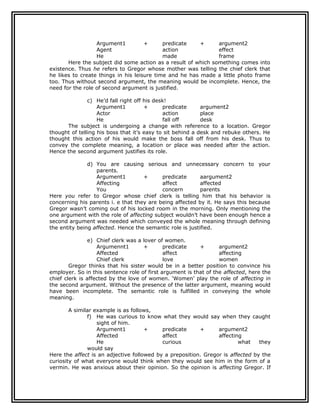 Argument1          +      predicate    +     argument2
                  Agent                     action             effect
                  He                        made               frame
       Here the subject did some action as a result of which something comes into
existence. Thus he refers to Gregor whose mother was telling the chief clerk that
he likes to create things in his leisure time and he has made a little photo frame
too. Thus without second argument, the meaning would be incomplete. Hence, the
need for the role of second argument is justified.

               c) He’d fall right off his desk!
                   Argument1          +      predicate      argument2
                   Actor                     action         place
                   He                        fall off       desk
      The subject is undergoing a change with reference to a location. Gregor
thought of telling his boss that it’s easy to sit behind a desk and rebuke others. He
thought this action of his would make the boss fall off from his desk. Thus to
convey the complete meaning, a location or place was needed after the action.
Hence the second argument justifies its role.

               d) You are causing serious and unnecessary concern to your
                  parents.
                  Argument1         +      predicate       aargument2
                  Affecting                affect          affected
                  You                      concern         parents
Here you refer to Gregor whose chief clerk is telling him that his behavior is
concerning his parents i. e that they are being affected by it. He says this because
Gregor wasn’t coming out of his locked room in the morning. Only mentioning the
one argument with the role of affecting subject wouldn’t have been enough hence a
second argument was needed which conveyed the whole meaning through defining
the entity being affected. Hence the semantic role is justified.

                e) Chief clerk was a lover of women.
                   Argumennt1        +       predicate    +       argument2
                   Affected                  affect               affecting
                   Chief clerk               love                 women
        Gregor thinks that his sister would be in a better position to convince his
employer. So in this sentence role of first argument is that of the affected, here the
chief clerk is affected by the love of women. ‘Women’ play the role of affecting in
the second argument. Without the presence of the latter argument, meaning would
have been incomplete. The semantic role is fulfilled in conveying the whole
meaning.

        A similar example is as follows,
               f) He was curious to know what they would say when they caught
                   sight of him.
                   Argument1         +     predicate     +      argument2
                   Affected                affect               affecting
                   He                      curious                      what    they
               would say
Here the affect is an adjective followed by a preposition. Gregor is affected by the
curiosity of what everyone would think when they would see him in the form of a
vermin. He was anxious about their opinion. So the opinion is affecting Gregor. If
 