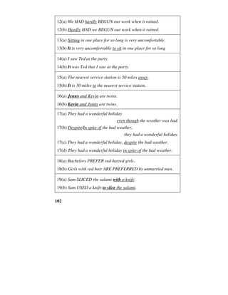 102
12(a) We HAD hardly BEGUN our work when it rained.
12(b) Hardly HAD we BEGUN our work when it rained.
13(a) Sitting in one place for so long is very uncomfortable.
13(b) It is very uncomfortable to sit in one place for so long
14(a) I saw Ted at the party.
14(b) It was Ted that I saw at the party.
15(a) The nearest service station is 50 miles away.
15(b) It is 50 miles to the nearest service station.
16(a) Jenny and Kevin are twins.
16(b) Kevin and Jenny are twins.
17(a) They had a wonderful holiday
even though the weather was bad.
17(b) Despite/In spite of the bad weather,
they had a wonderful holiday.
17(c) They had a wonderful holiday, despite the bad weather.
17(d) They had a wonderful holiday in spite of the bad weather.
18(a) Bachelors PREFER red-haired girls.
18(b) Girls with red hair ARE PREFERRED by unmarried men.
19(a) Sam SLICED the salami with a knife.
19(b) Sam USED a knife to slice the salami.
 