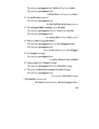 117
The utterance presupposes that I had no driving license before.
The utterance presupposes that
I did not have a driving license before.
32. ‘Jim wants more popcorn.’
The utterance presupposes that
Jim has had/has eaten some popcorn.
33. ‘She managed/didn’t manage to pay her debt.’
The utterance presupposes that she tried to pay her debt.
The utterance presupposes that
she owed a debt and she tried to pay it.
34. ‘Can you stop making that noise?’
The utterance presupposes that you are making that noise.
The utterance presupposes that
there is some noise and you are making it.
35. ‘He stopped smoking.’
The utterance presupposes that
he used to smoke/he once smoked.
36. ‘After a while they stopped arguing.’
The utterance presupposes that they had been arguing.
37. ‘The police ordered the teenagers to stop drinking.’
The utterance presupposes that
the teenagers had been drinking.
(The speaker assumes that
the hearer already knows who the teenagers are.)
 