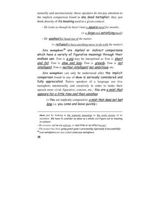 38
naturally and unconsciously: these speakers do not pay attention to
the implicit comparison found in any dead metaphor; they just
think directly of its meaning used in a given context:
- He looks as though he hasn’t had a square meal for months.
(= a large and satisfying meal)
- He washed his hand out of the matter.
(= refused to have anything more to do with the matter)
Live metaphors20
are implied or indirect comparisons
which have a variety of figurative meanings through their
endless use: Tom is a pig may be interpreted as Tom is short
and fat, Tom is slow and lazy, Tom is greedy, Tom is not
intelligent, Tom is neither intelligent nor ambitious, etc.
Live metaphors can only be understood after the implicit
comparison found in any of them is seriously considered and
fully appreciated. Native speakers of a language use live
metaphors intentionally and creatively in order to make their
speech more vivid, figurative, concise, etc.: You are a mist that
appears for a little time and then vanishes.
(= You are implicitly compared to a mist that does not last
long, i.e. you come and leave quickly.)
idiom just by looking at the separate meanings or the word classes of its
members. We have to consider an idiom as a whole and figure out its meaning
in context.
- His excuses cut no ice with me. (= had little or no effect on me)
- The project has been going great guns.(=proceeding vigorously  successfully)
20
Live metaphors are also called conscious metaphors.
 