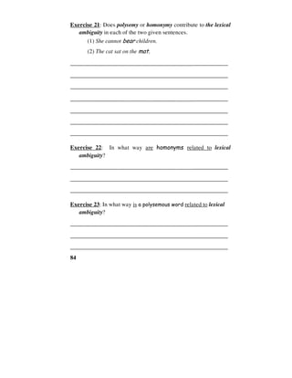 84
Exercise 21: Does polysemy or homonymy contribute to the lexical
ambiguity in each of the two given sentences.
(1) She cannot bear children.
(2) The cat sat on the mat.
________________________________________________
______________________________________________________
______________________________________________________
________________________________________________
______________________________________________________
______________________________________________________
______________________________________________________
Exercise 22: In what way are homonyms related to lexical
ambiguity?
________________________________________________
______________________________________________________
______________________________________________________
Exercise 23: In what way is a polysemous word related to lexical
ambiguity?
________________________________________________
______________________________________________________
______________________________________________________
 