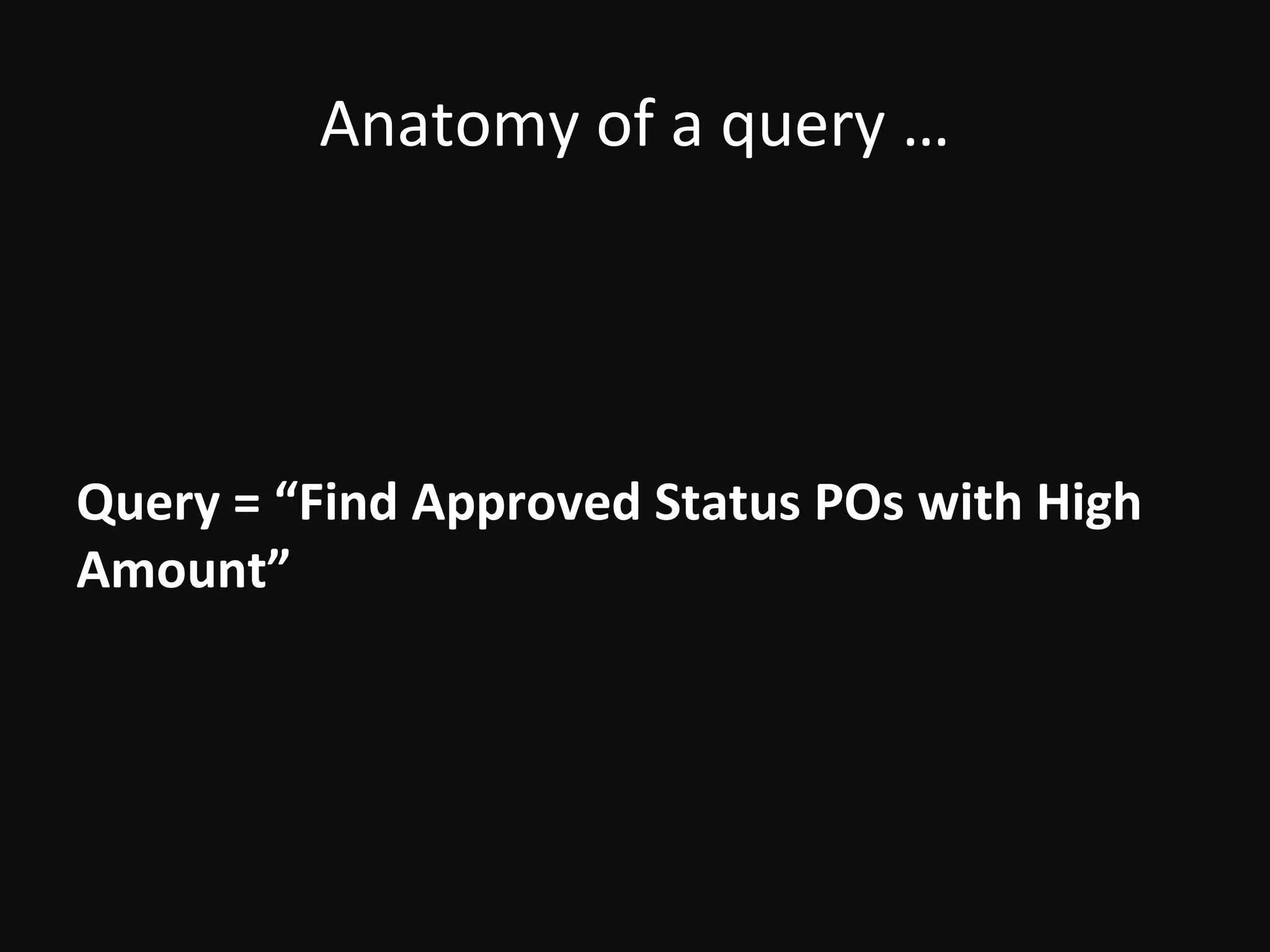 Anatomy of a query …




Query = “Find Approved Status POs with High
Amount”
 