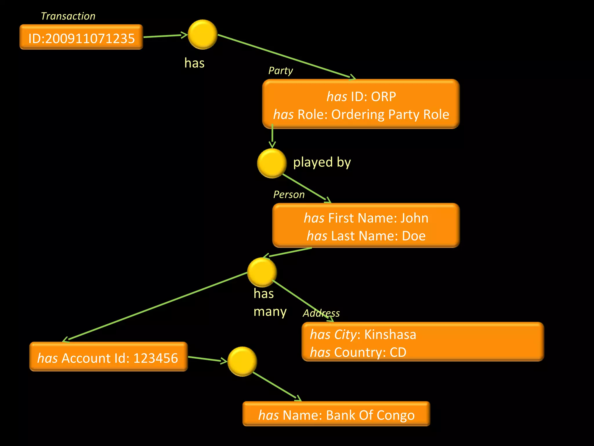Transaction

ID:200911071235
                          has             Party

                                                   has ID: ORP
                                          has Role: Ordering Party Role


                                              played by

                                          Person

                                                  has First Name: John
                                                  has Last Name: Doe


                                    has
                                    many          Address
Account                                            has City: Kinshasa
 has Account Id: 123456                            has Country: CD

                                in Bank
                                     has Name: Bank Of Congo
 