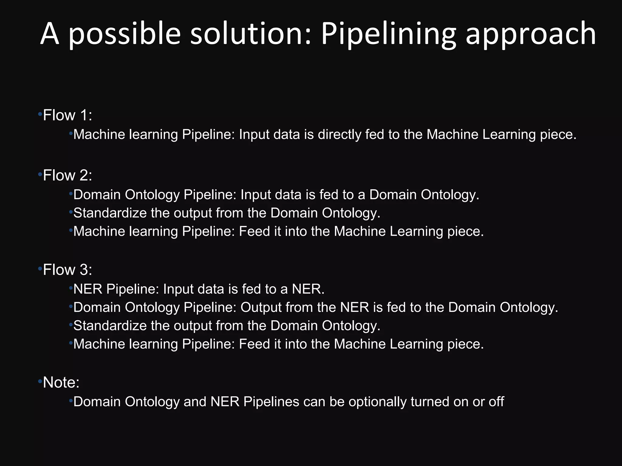 A possible solution: Pipelining approach

•Flow 1:
    •Machine learning Pipeline: Input data is directly fed to the Machine Learning piece.


•Flow 2:
    •Domain Ontology Pipeline: Input data is fed to a Domain Ontology.
    •Standardize the output from the Domain Ontology.
    •Machine learning Pipeline: Feed it into the Machine Learning piece.

•Flow 3:
    •NER Pipeline: Input data is fed to a NER.
    •Domain Ontology Pipeline: Output from the NER is fed to the Domain Ontology.
    •Standardize the output from the Domain Ontology.
    •Machine learning Pipeline: Feed it into the Machine Learning piece.

•Note:
    •Domain Ontology and NER Pipelines can be optionally turned on or off
 