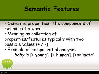 • Semantic properties: The components of
meaning of a word.
• Meaning as collection of
properties/features typically with two
possible values (+ / -)
• Example of componential analysis:
baby is [+ young], [+ human], [+animate]
Semantic Features
 