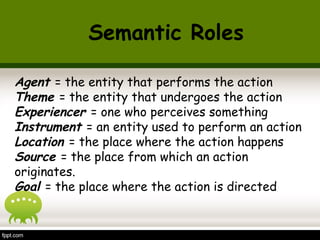 Agent = the entity that performs the action
Theme = the entity that undergoes the action
Experiencer = one who perceives something
Instrument = an entity used to perform an action
Location = the place where the action happens
Source = the place from which an action
originates.
Goal = the place where the action is directed
Semantic Roles
 