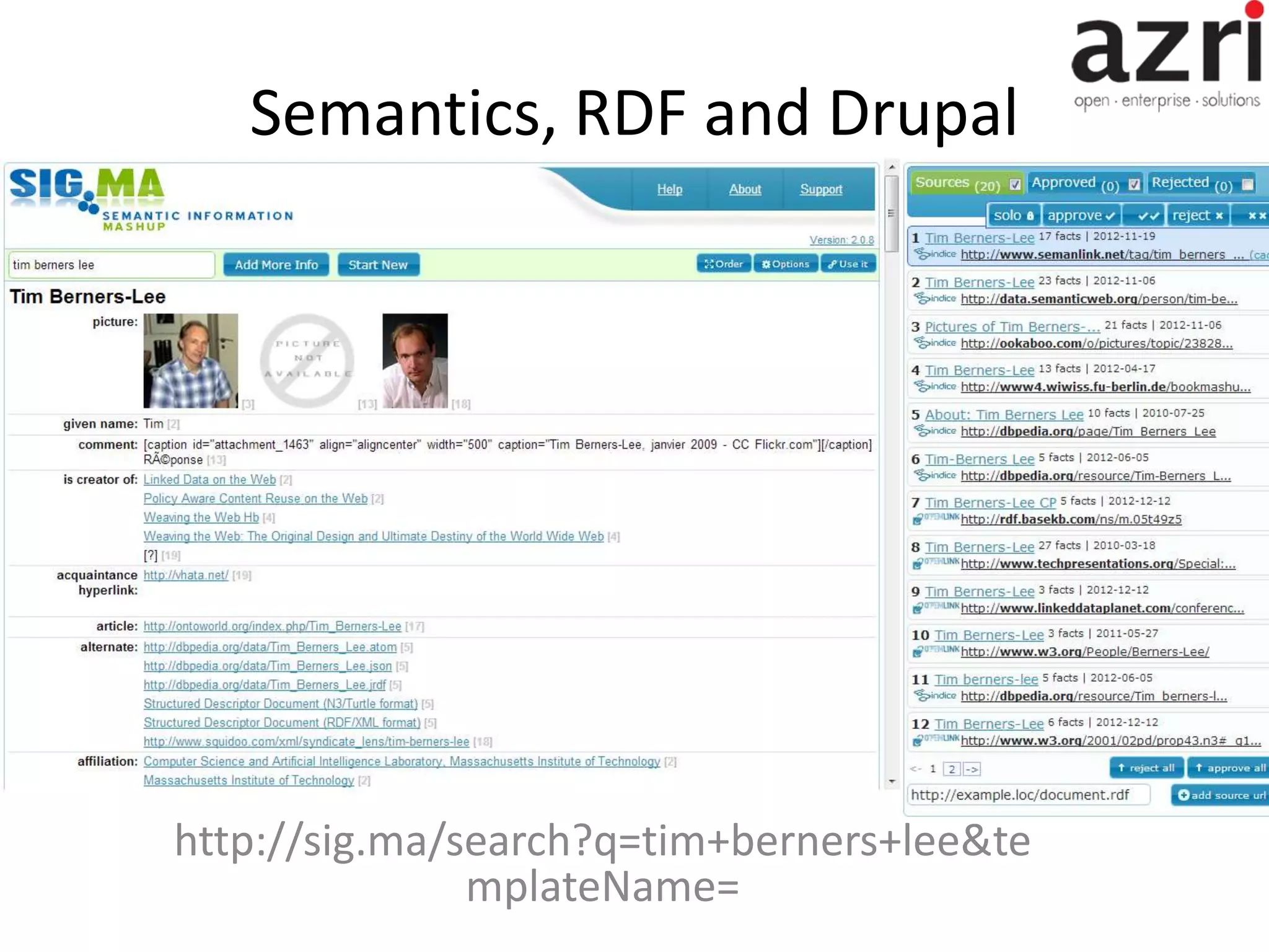 Semantics, RDF and Drupal http://sig.ma/search?q=tim+berners+lee&te mplateName= 