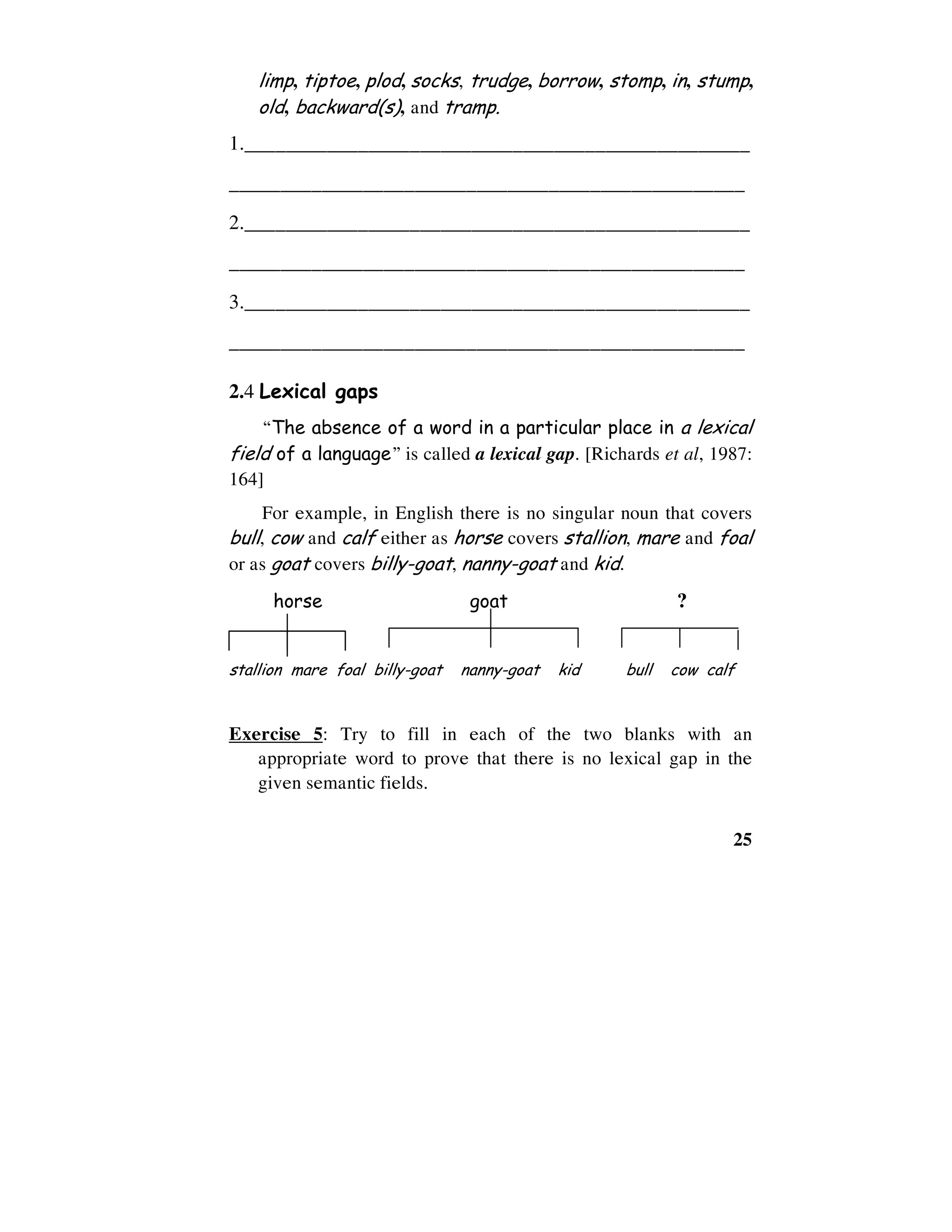 25
limp, tiptoe, plod, socks, trudge, borrow, stomp, in, stump,
old, backward(s), and tramp.
1._________________________________________________
__________________________________________________
2._________________________________________________
__________________________________________________
3._________________________________________________
__________________________________________________
2.4 Lexical gaps
“The absence of a word in a particular place in a lexical
field of a language” is called a lexical gap. [Richards et al, 1987:
164]
For example, in English there is no singular noun that covers
bull, cow and calf either as horse covers stallion, mare and foal
or as goat covers billy-goat, nanny-goat and kid.
horse goat ?
stallion mare foal billy-goat nanny-goat kid bull cow calf
Exercise 5: Try to fill in each of the two blanks with an
appropriate word to prove that there is no lexical gap in the
given semantic fields.
 