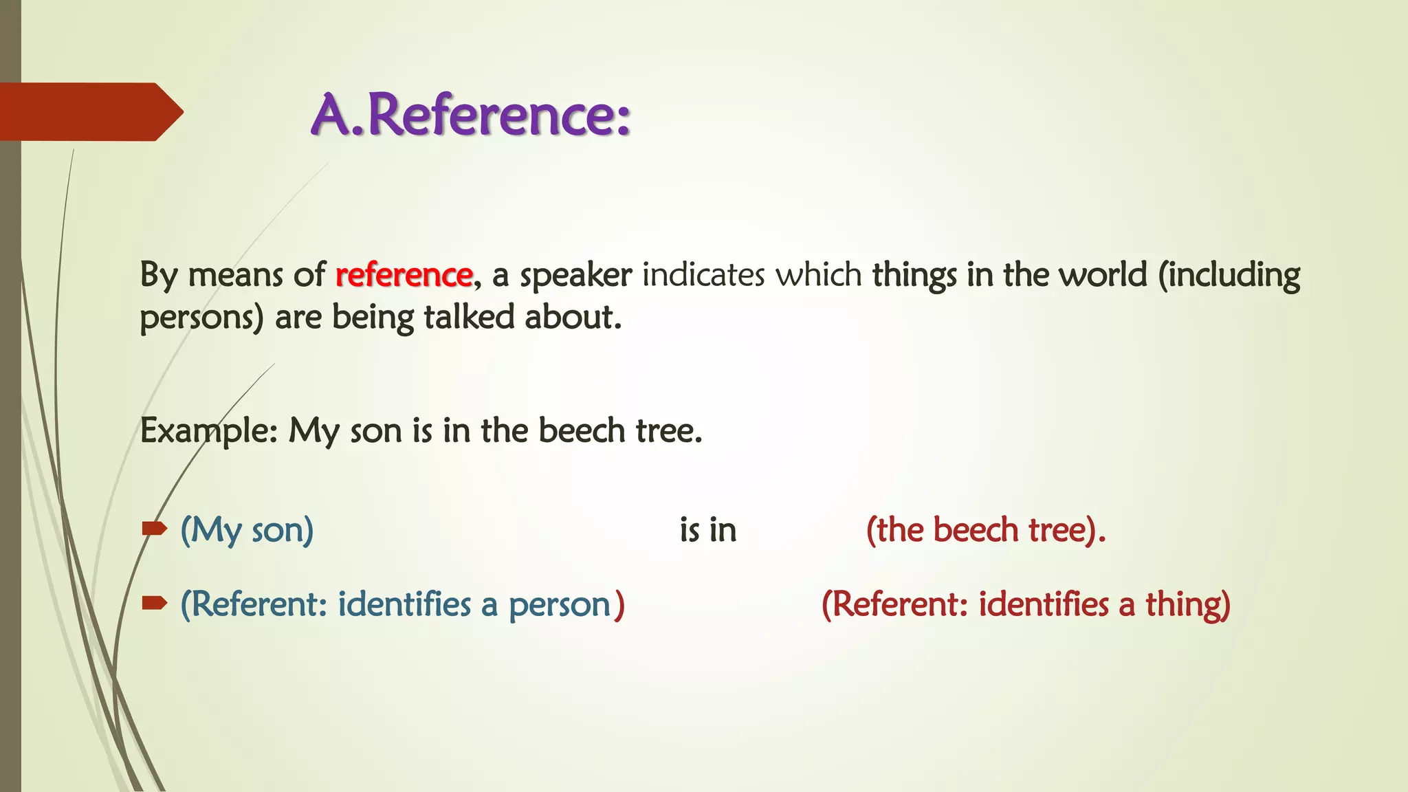 A.Reference:
By means of reference, a speaker indicates which things in the world (including
persons) are being talked about.
Example: My son is in the beech tree.
 (My son) is in (the beech tree).
 (Referent: identifies a person) (Referent: identifies a thing)
 