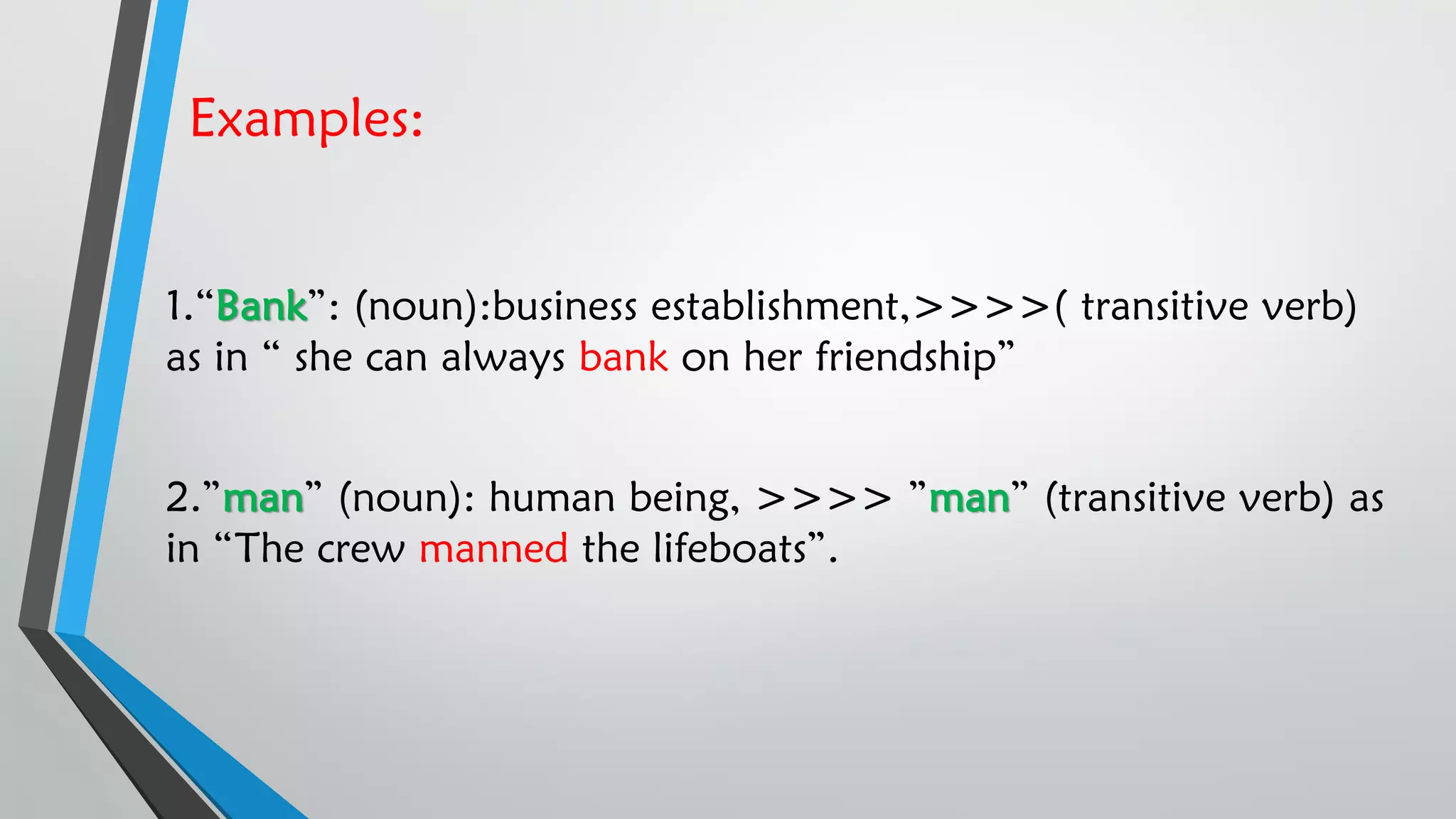 Examples:
1.“Bank”: (noun):business establishment,>>>>( transitive verb)
as in “ she can always bank on her friendship”
2.”man” (noun): human being, >>>> ”man” (transitive verb) as
in “The crew manned the lifeboats”.
 