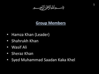 1
Group Members
• Hamza Khan (Leader)
• Shahrukh Khan
• Wasif Ali
• Sheraz Khan
• Syed Muhammad Saadan Kaka Khel
 