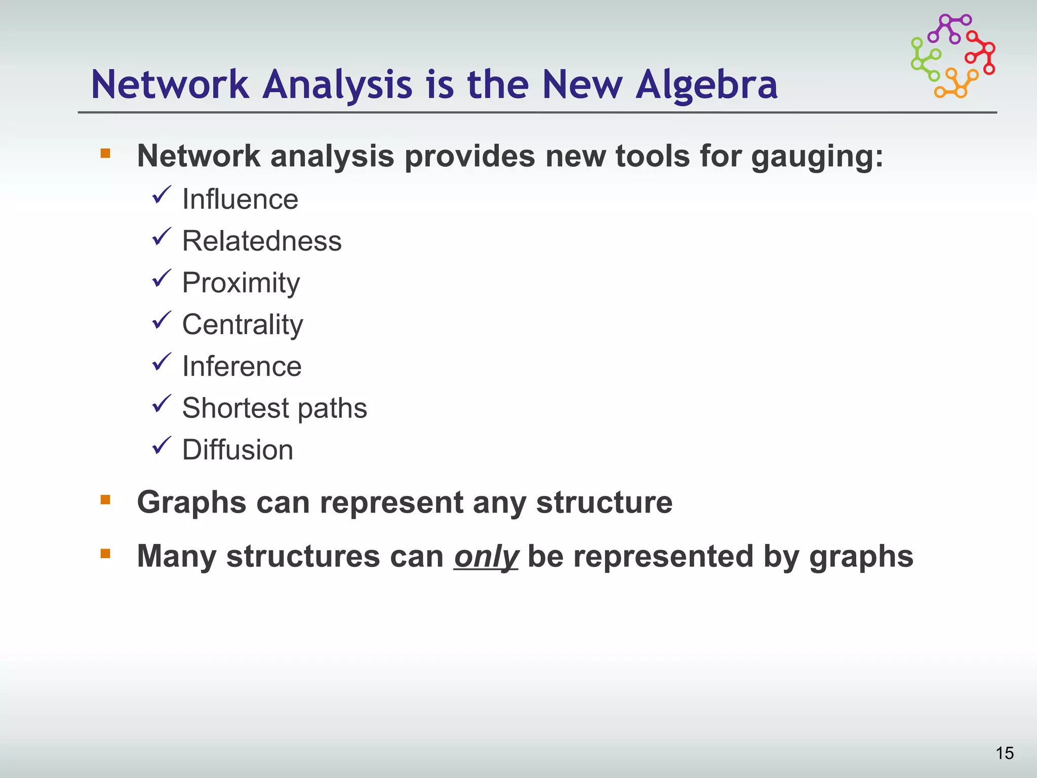 Network Analysis is the New Algebra
 Network analysis provides new tools for gauging:
      Influence
      Relatedness
      Proximity
      Centrality
      Inference
      Shortest paths
      Diffusion
 Graphs can represent any structure
 Many structures can only be represented by graphs




                                                      15
 